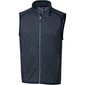 A grey sleeveless vest with a zip closure and contrasting trim, featuring a logo on the chest.