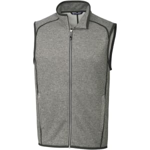 A grey men's vest with a zip front and contrasting trim, featuring a logo on the chest.