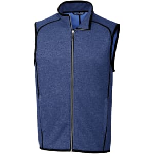 A blue men's vest featuring a zip front, sleeveless design, and contrasting seams, with a logo on the fabric.