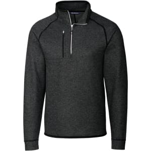 A polar fleece half zip jacket in dark grey with a zippered chest pocket and a logo.