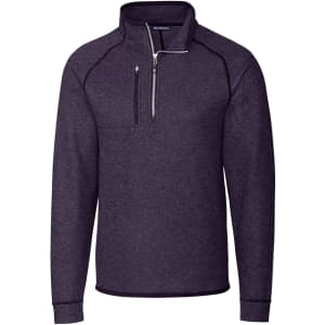 A purple men's half-zip jacket made of polar fleece, featuring a front pocket and a logo.