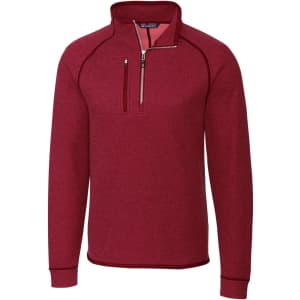 A red half zip jacket made of polar fleece, featuring a zippered collar and long sleeves, with a logo.
