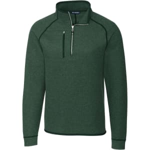 A green half zip jacket made of polar fleece, featuring a front pocket and a logo on the chest.