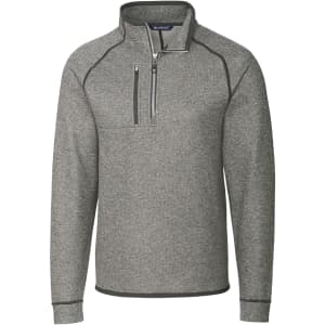 A grey polar fleece half zip jacket with a subtle textured pattern and contrasting trim, featuring a logo on the front.