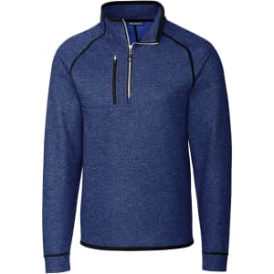 A navy blue men's jacket featuring a half zip design, with a contrasting black zipper and stitching details.