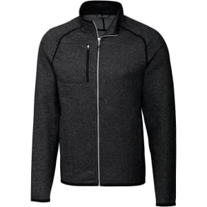 A black full zip jacket featuring a zippered chest pocket and a logo on the upper left side.