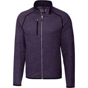 A purple full zip jacket with a high collar, zippered chest pocket, and black trim. Features a logo on the chest.