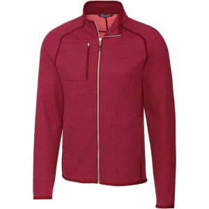 A red full zip jacket with a high collar and a zippered chest pocket, featuring a logo.