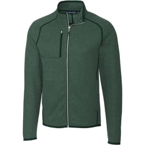 A green full zip jacket featuring a front pocket and contrasting seams, with a logo on the chest.