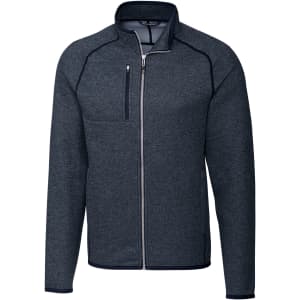 Men's full zip jacket in dark navy with a zippered chest pocket and a logo on the chest.
