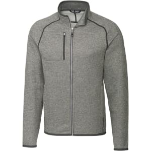 A grey full zip jacket with a zippered chest pocket and contrasting trim. It has a logo on the chest area.