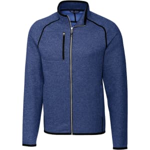 Men's Mainsail Full Zip Jacket in blue, featuring a zip pocket and contrasting black trim. Includes branding on the jacket.