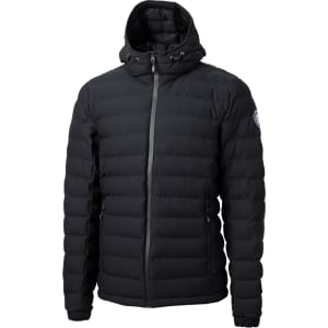 A black puffer jacket featuring a hood and a logo on the sleeve. It has a zip front and is quilted.