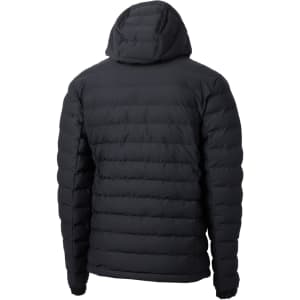 A black Men's Mission Ridge Puffer jacket featuring a hood and a quilted design, with a logo on the back.