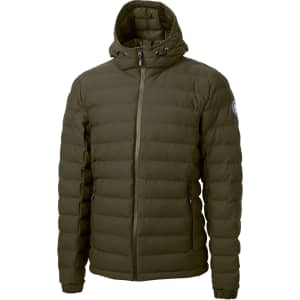 A men's puffer jacket in olive green with a hood, featuring a branded logo on one sleeve.