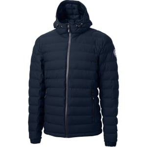 A navy blue Men's Mission Ridge Puffer jacket with a hood and zipper pockets. It features a logo on the sleeve.
