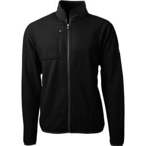 A black men's sherpa jacket with a zippered front, featuring a chest pocket and a logo on the sleeve.