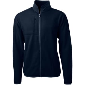A dark navy blue men's fleece jacket with a full zip and standing collar. It features a zip pocket and has a logo.