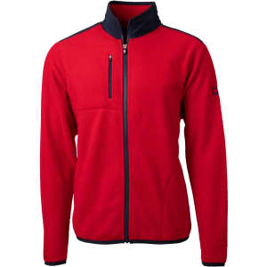 A red men's jacket featuring a full zip, a stand-up collar, and a navy blue accent along the neckline.