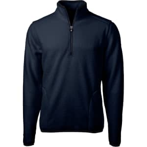 A navy half-zip jacket made from eco-friendly Sherpa fleece, featuring a logo on the chest.