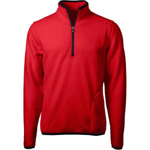 A red men's half zip fleece jacket with a textured finish and a black zip. It features a logo on the chest.