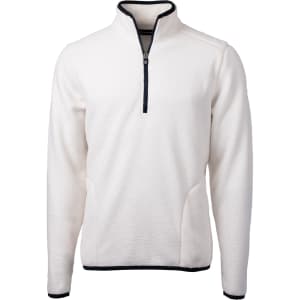 A white half-zip pullover jacket made of eco-friendly Sherpa material, featuring side pockets and a branding logo.