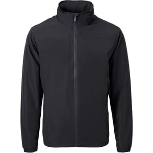 A black full zip jacket featuring a high collar and a sleek design. It includes a logo on the front.