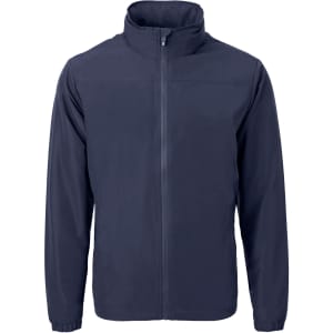 A navy full zip jacket featuring a high collar and long sleeves, with a logo on the front.