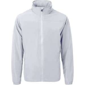 A light grey full zip jacket with a collar and long sleeves, featuring a logo on the front.