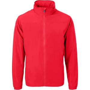 A red full zip jacket with a high collar, featuring a branding logo. Suitable for various outdoor activities.