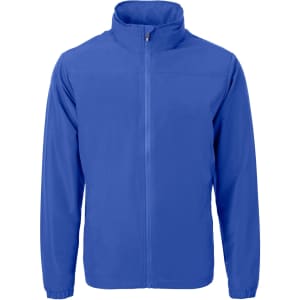 A blue full zip jacket with a collar and elastic cuffs, featuring a small logo on the chest.