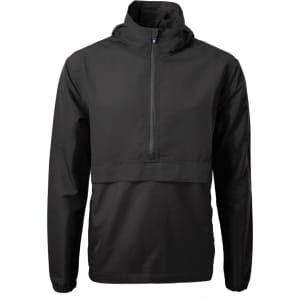 A black men’s anorak jacket featuring a half-zip front and a hood, with a logo on the chest.