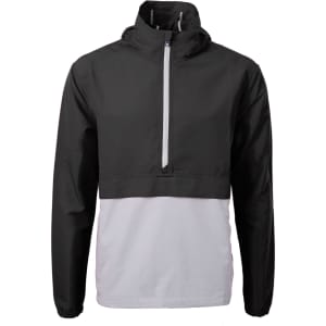 A men’s black and white anorak jacket featuring a half-zip and a logo. Suitable for rainy weather.