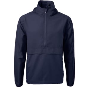 Men's anorak jacket in navy, featuring a half-zip design and a hood. The jacket includes a logo.
