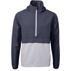 Men’s charter anorak jacket in navy blue and white, featuring a half-zip front and a hood. Includes a logo on the chest.