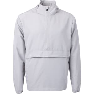 A light grey men’s anorak jacket with a half-zip front and a collar. It features a logo on the chest.