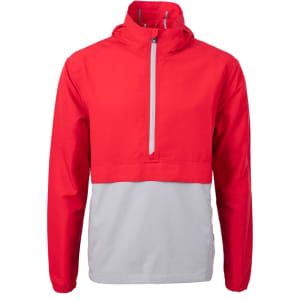 A red and grey Men’s Charter Anorak Jacket featuring a half-zip design and a logo. Perfect for rain protection.