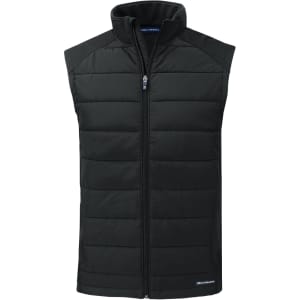 A men's eco hybrid vest in dark green, featuring a zip front and a padded design. It has a logo on the hem.