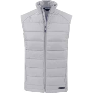 A grey men's sleeveless vest with a zip front and a logo at the bottom. The vest features quilted padding for warmth.
