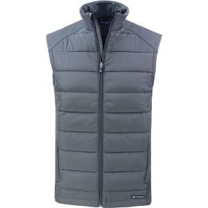 A grey men's vest with a zippered front and a padded design, featuring a logo on the lower left.