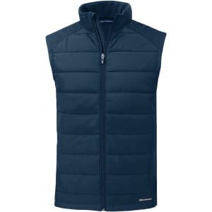 A navy blue men's vest with a zip front, featuring a padded design and a logo on the lower side.
