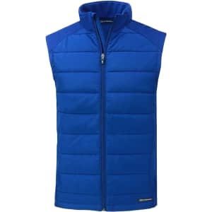 A blue men’s eco hybrid vest with a zip front and padded design. It features a logo on the lower side.