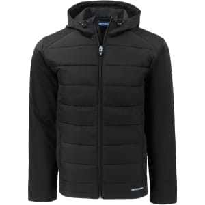 A black men's soft shell jacket featuring a hood, zip closure, and padded front panels. It includes a logo.
