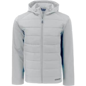A grey men’s soft shell jacket with a hood, featuring a zip front and quilted design, along with a logo.