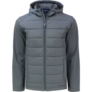 A grey Men’s Evoke Eco Hybrid Jacket with a zip front, removable hood, and a logo on the hem.