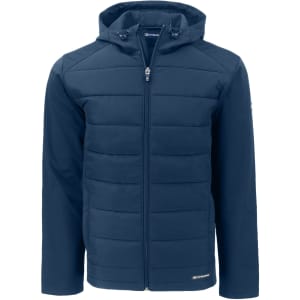 A Men’s Evoke Eco Hybrid Jacket in navy blue, featuring a zip-up front and a hood, with branding present.