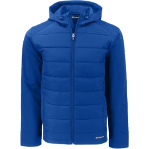 A blue Men's Evoke Eco Hybrid Jacket featuring a zip front and a hood, made from soft shell material.