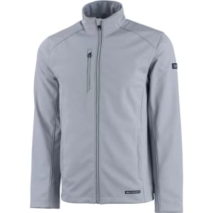 A light grey men's softshell jacket featuring a zip front and a zippered chest pocket. It has a logo on the sleeve.