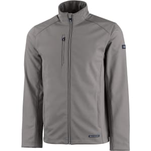 A grey men's softshell jacket featuring a zippered front and a logo on the sleeve.