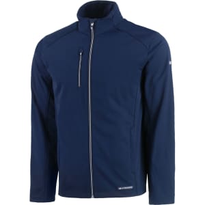 A navy Men’s Evoke Eco Softshell Jacket featuring a zippered chest pocket and a logo on the sleeve.